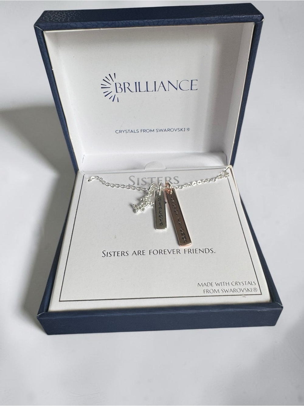 Brillance Swarovski Silver and Rose Gold Sisters Bar Necklace NIB